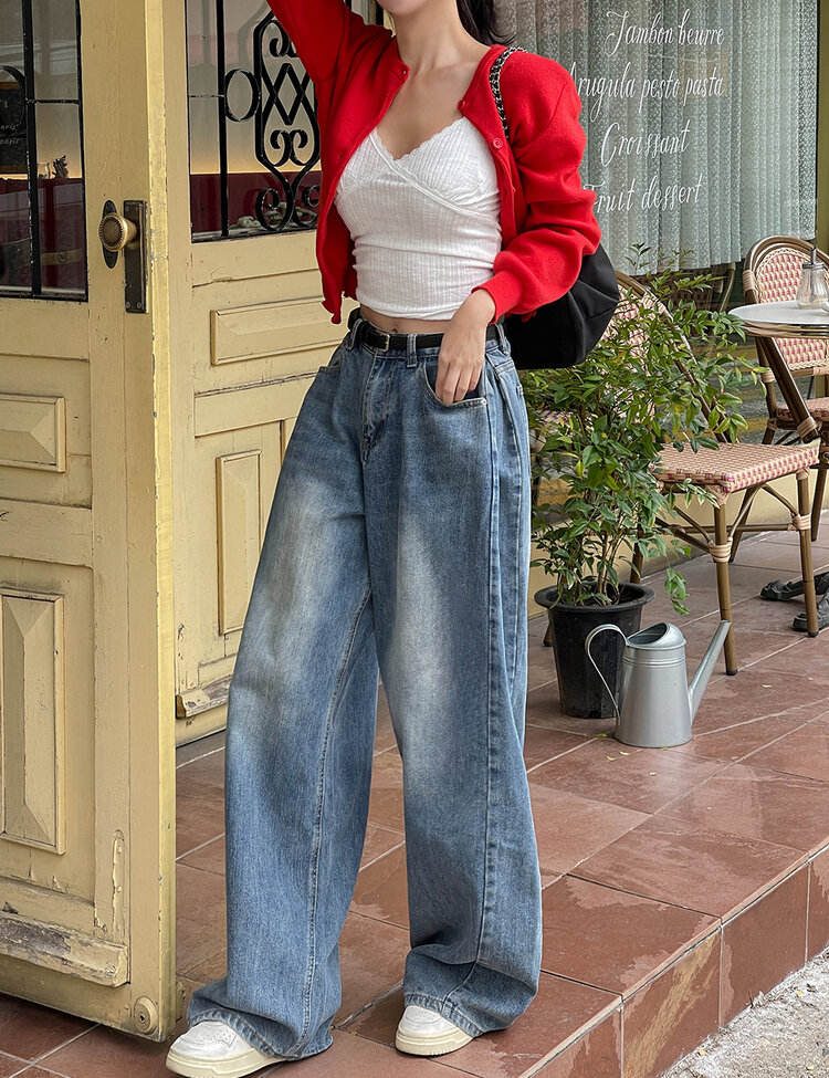 [숏/롱,S~XL,5컬러]  어반 빈티지 워싱 핀턱 와이드 롱 데님 팬츠 중청