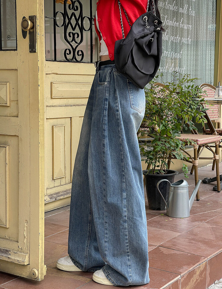 [숏/롱,S~XL,5컬러]  어반 빈티지 워싱 핀턱 와이드 롱 데님 팬츠 중청