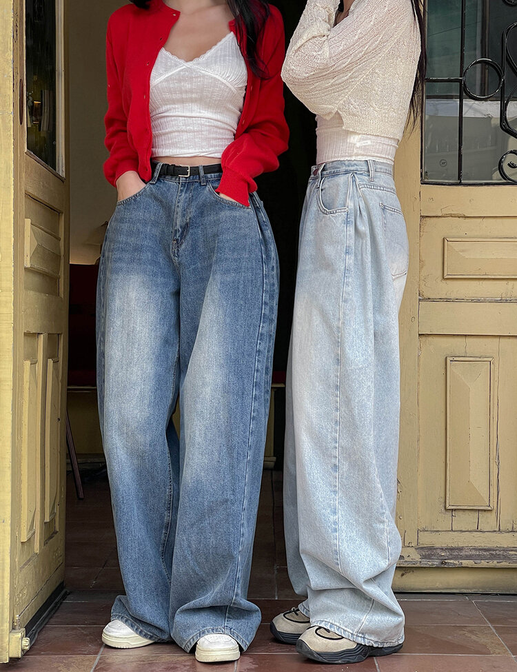 [숏/롱,S~XL,5컬러]  어반 빈티지 워싱 핀턱 와이드 롱 데님 팬츠 연청