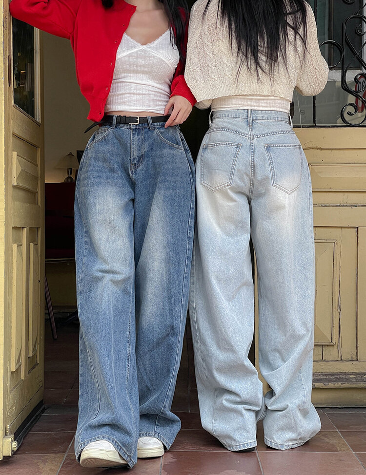 [숏/롱,S~XL,5컬러]  어반 빈티지 워싱 핀턱 와이드 롱 데님 팬츠 연청