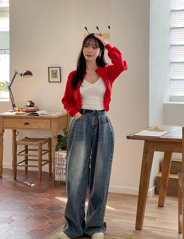 [숏/롱,S~XL,5컬러]  어반 빈티지 워싱 핀턱 와이드 롱 데님 팬츠 중청