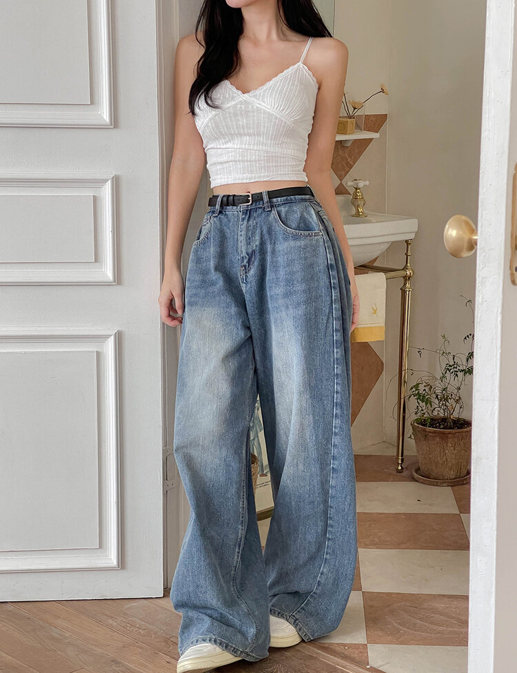 [숏/롱,S~XL,5컬러]  어반 빈티지 워싱 핀턱 와이드 롱 데님 팬츠 중청