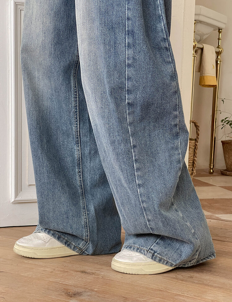 [숏/롱,S~XL,5컬러]  어반 빈티지 워싱 핀턱 와이드 롱 데님 팬츠 중청