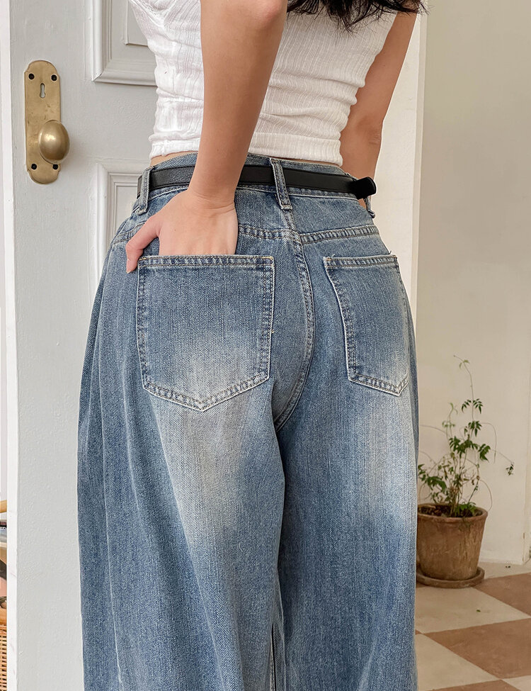 [숏/롱,S~XL,5컬러]  어반 빈티지 워싱 핀턱 와이드 롱 데님 팬츠 중청