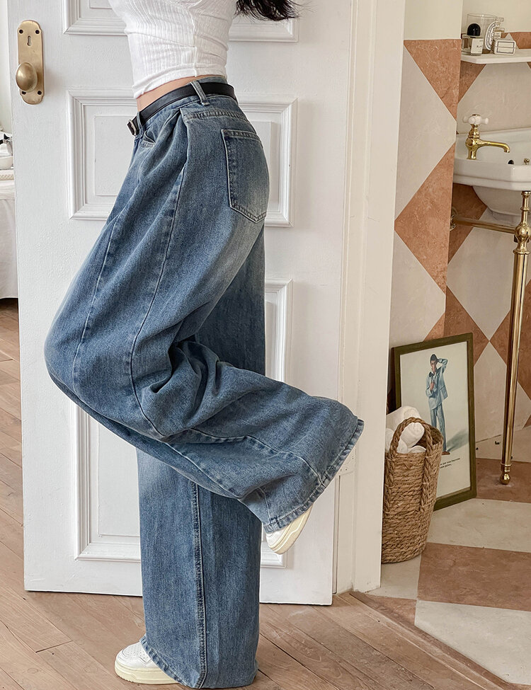 [숏/롱,S~XL,5컬러]  어반 빈티지 워싱 핀턱 와이드 롱 데님 팬츠 중청