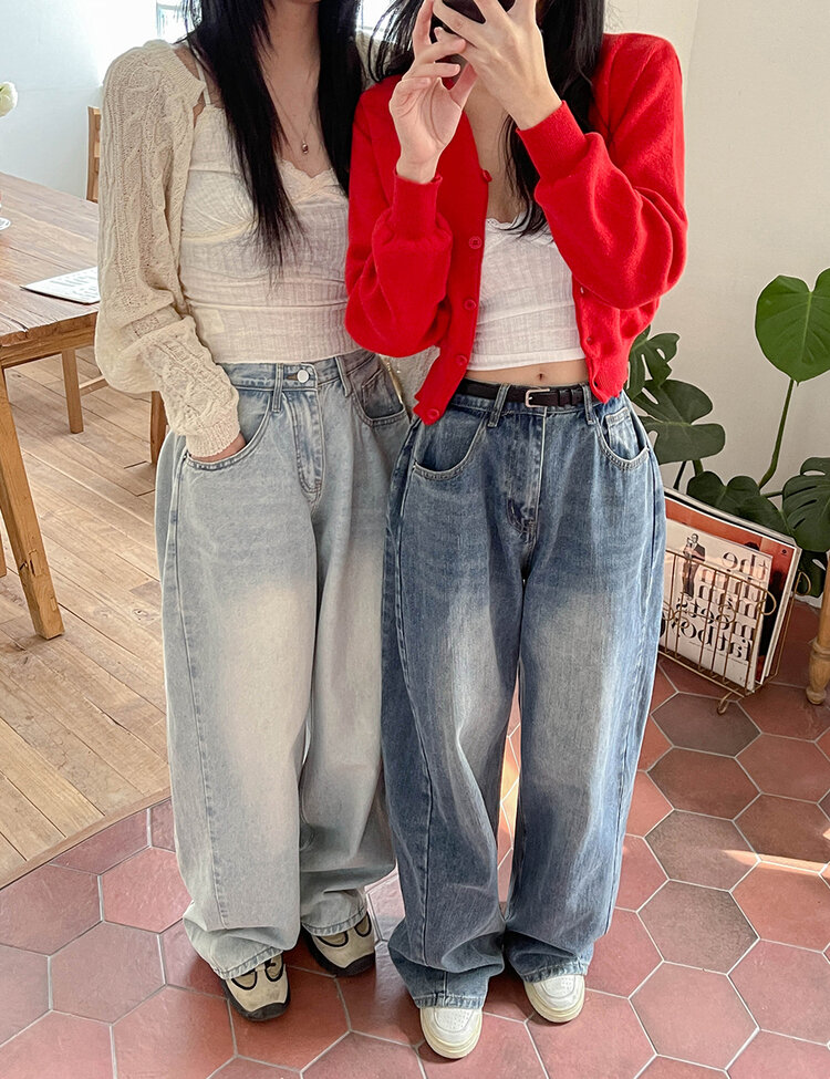 [숏/롱,S~XL,5컬러]  어반 빈티지 워싱 핀턱 와이드 롱 데님 팬츠 연청