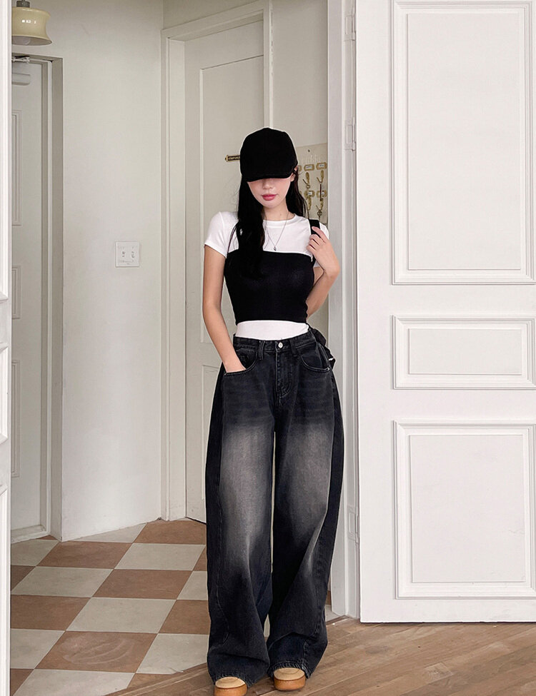 [숏/롱,S~XL,5컬러]  어반 빈티지 워싱 핀턱 와이드 롱 데님 팬츠 블랙