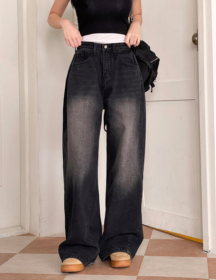 [숏/롱,S~XL,5컬러]  어반 빈티지 워싱 핀턱 와이드 롱 데님 팬츠 블랙