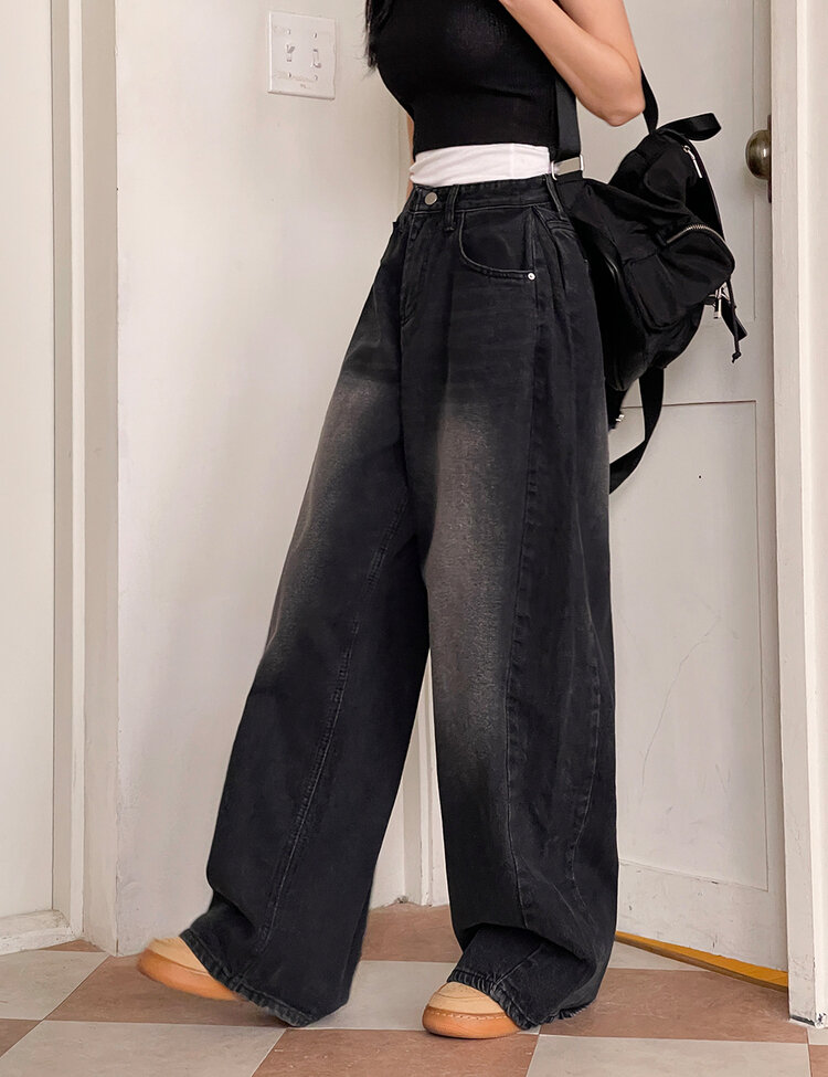 [숏/롱,S~XL,5컬러]  어반 빈티지 워싱 핀턱 와이드 롱 데님 팬츠 블랙