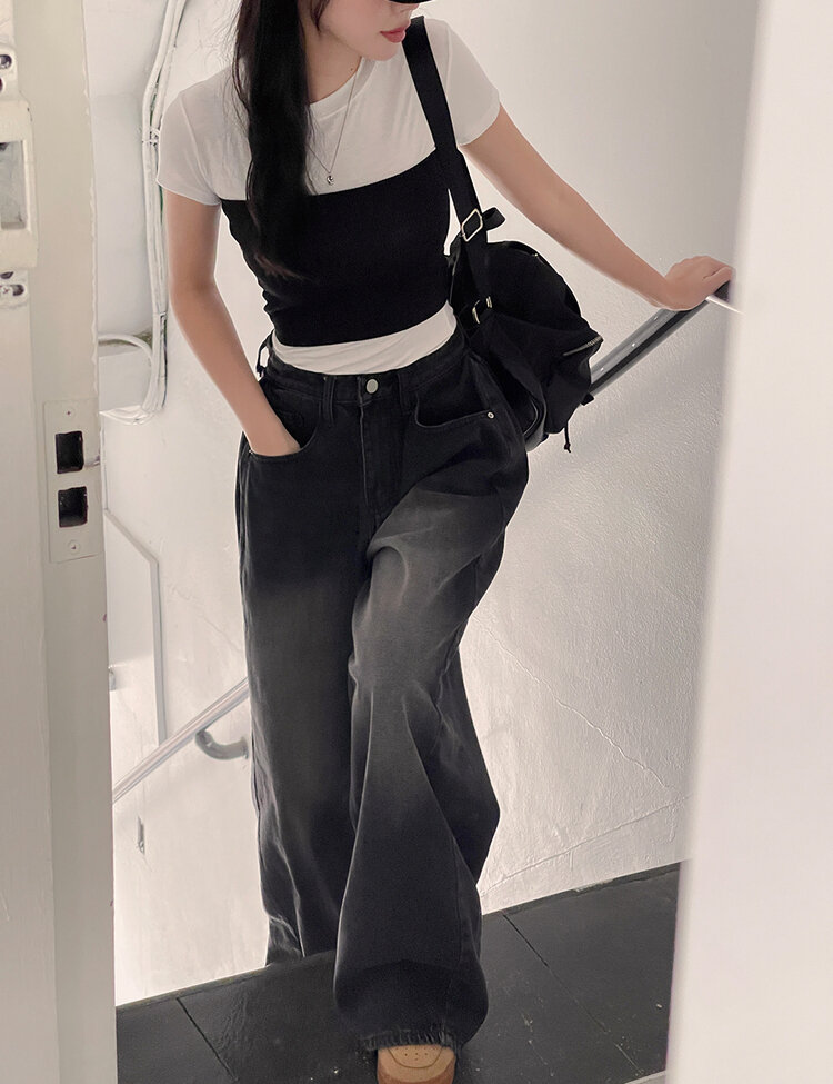 [숏/롱,S~XL,5컬러]  어반 빈티지 워싱 핀턱 와이드 롱 데님 팬츠 블랙