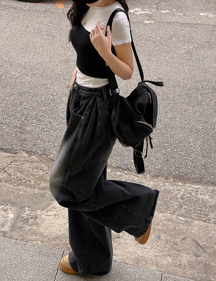 [숏/롱,S~XL,5컬러]  어반 빈티지 워싱 핀턱 와이드 롱 데님 팬츠 블랙