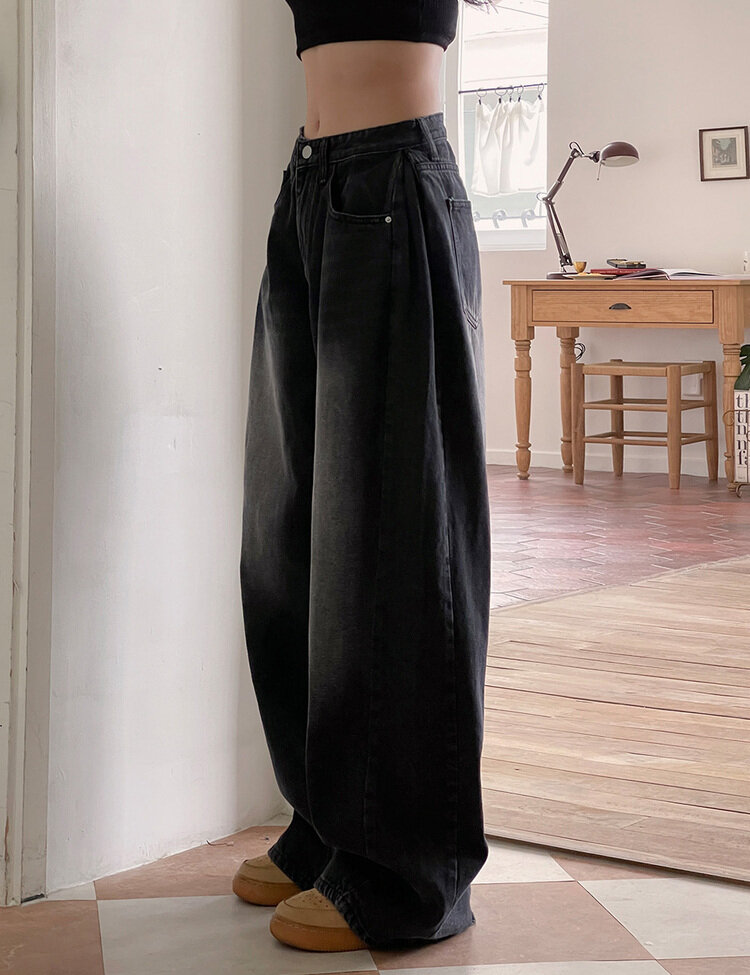 [숏/롱,S~XL,5컬러]  어반 빈티지 워싱 핀턱 와이드 롱 데님 팬츠 블랙