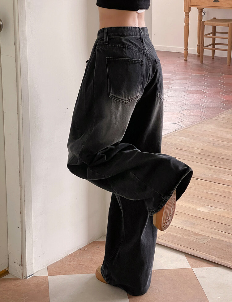 [숏/롱,S~XL,5컬러]  어반 빈티지 워싱 핀턱 와이드 롱 데님 팬츠 블랙