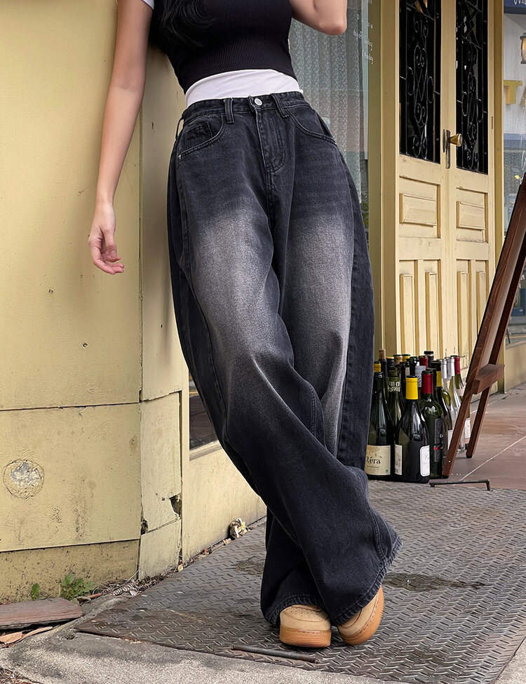 [숏/롱,S~XL,5컬러]  어반 빈티지 워싱 핀턱 와이드 롱 데님 팬츠 블랙