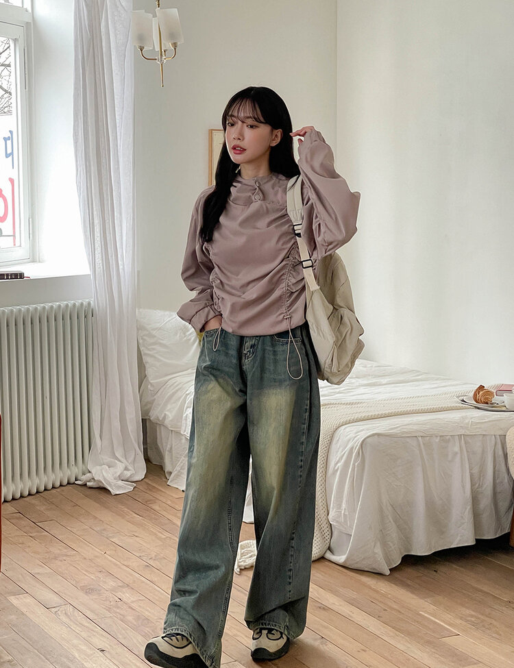 [숏/롱,S~XL,5컬러]  어반 빈티지 워싱 핀턱 와이드 롱 데님 팬츠 진청