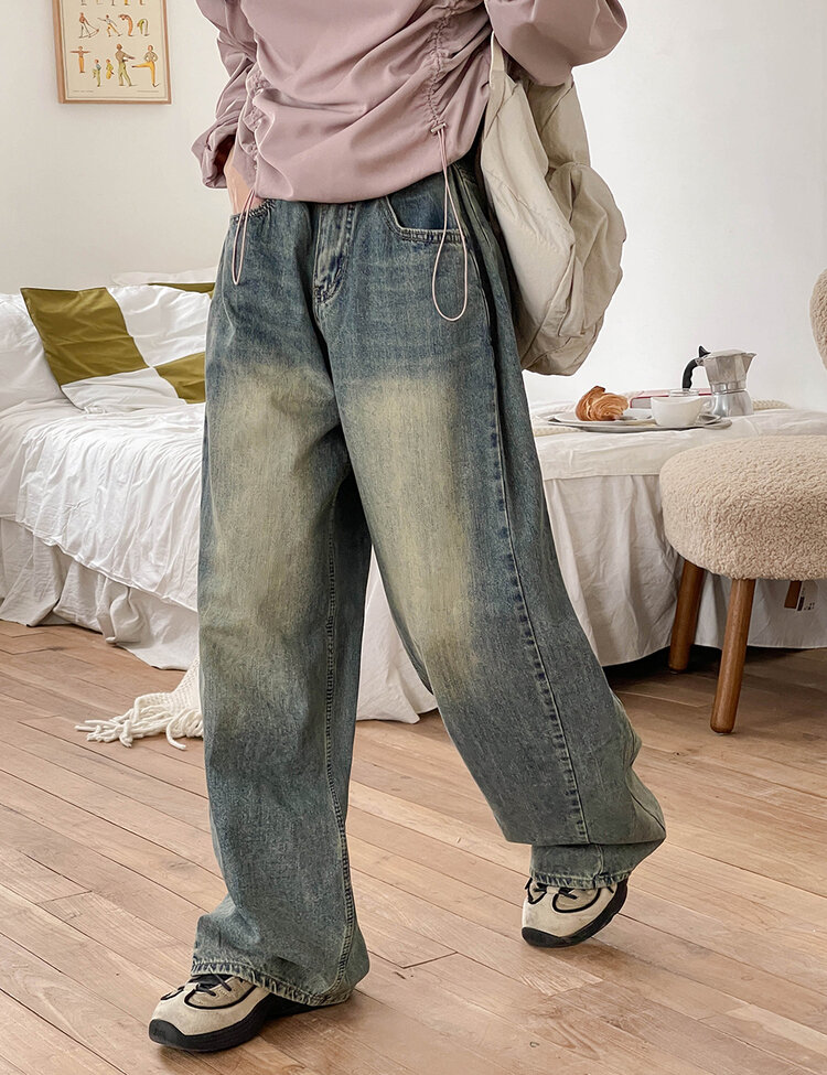 [숏/롱,S~XL,5컬러]  어반 빈티지 워싱 핀턱 와이드 롱 데님 팬츠 진청