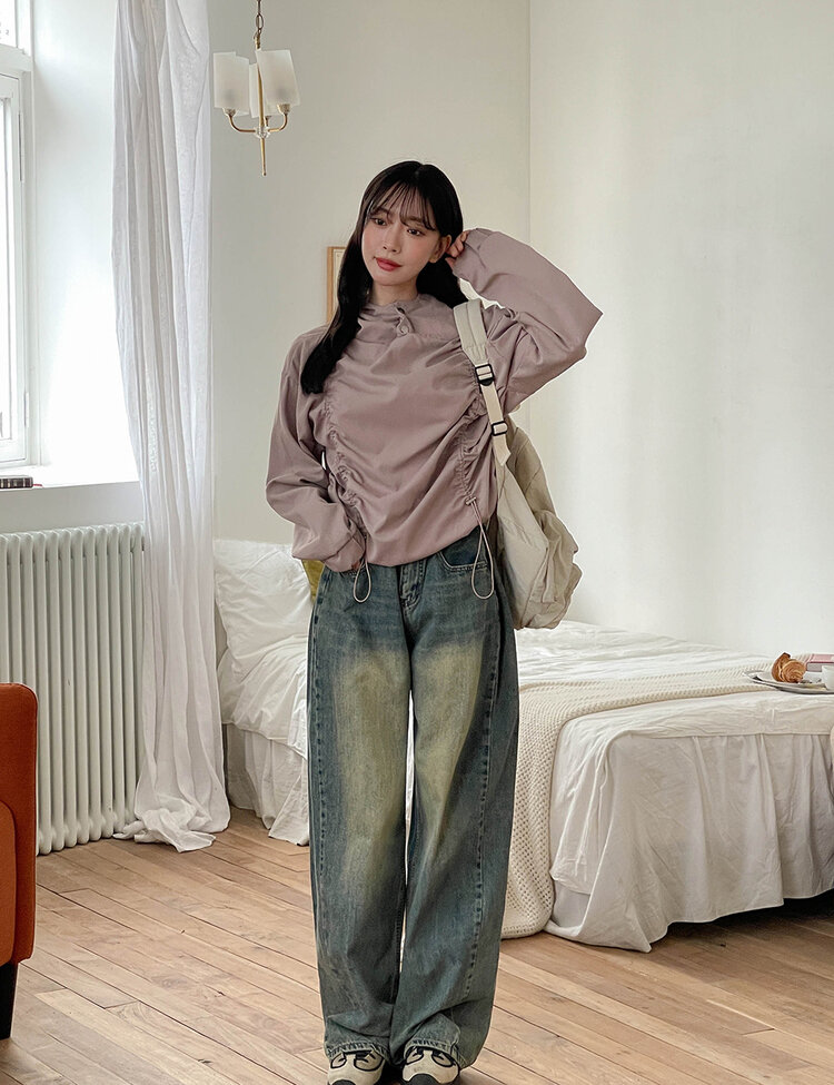 [숏/롱,S~XL,5컬러]  어반 빈티지 워싱 핀턱 와이드 롱 데님 팬츠 진청