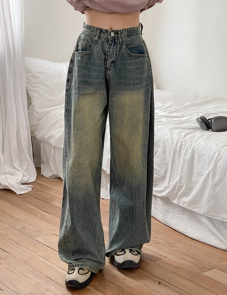 [숏/롱,S~XL,5컬러]  어반 빈티지 워싱 핀턱 와이드 롱 데님 팬츠 진청