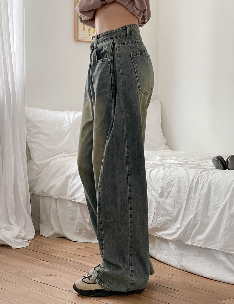 [숏/롱,S~XL,5컬러]  어반 빈티지 워싱 핀턱 와이드 롱 데님 팬츠 진청