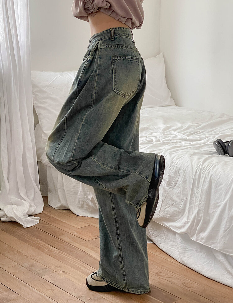 [숏/롱,S~XL,5컬러]  어반 빈티지 워싱 핀턱 와이드 롱 데님 팬츠 진청