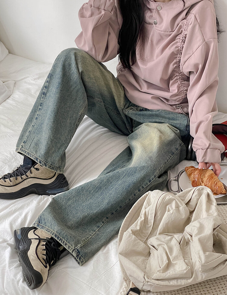 [숏/롱,S~XL,5컬러]  어반 빈티지 워싱 핀턱 와이드 롱 데님 팬츠 진청