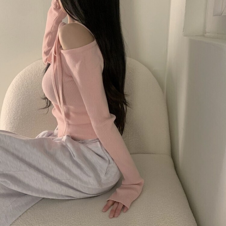 ワンオフショルボーダーニット PINK
