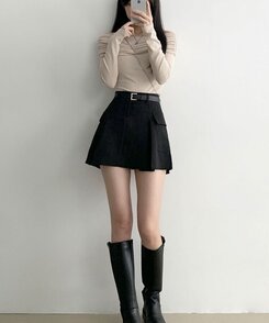 플리 카고 포켓 디테일 벨트 세트 플리츠 핀턱 미니스커트 블랙