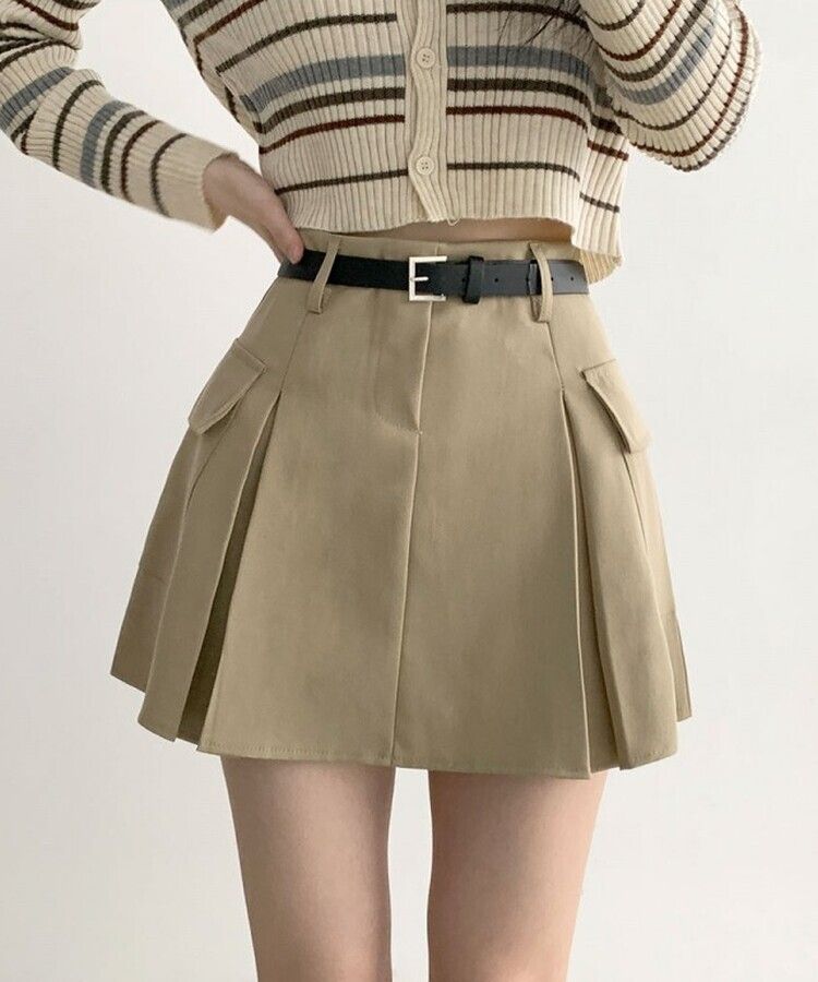 플리 카고 포켓 디테일 벨트 세트 플리츠 핀턱 미니스커트 베이지