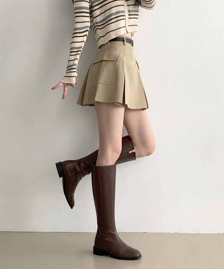 플리 카고 포켓 디테일 벨트 세트 플리츠 핀턱 미니스커트 베이지