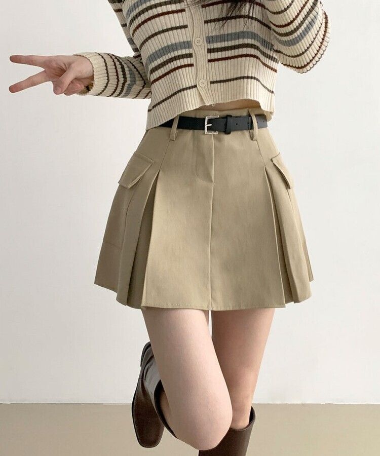 플리 카고 포켓 디테일 벨트 세트 플리츠 핀턱 미니스커트 베이지
