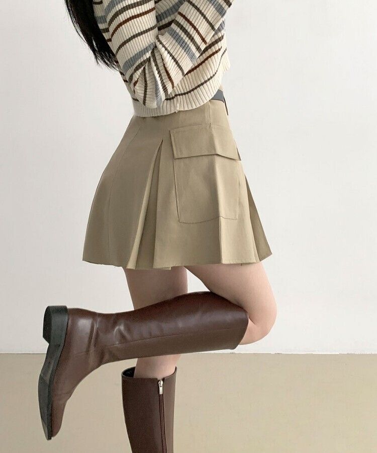플리 카고 포켓 디테일 벨트 세트 플리츠 핀턱 미니스커트 베이지
