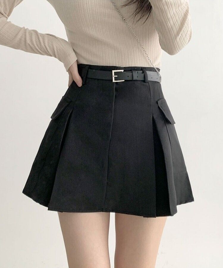 플리 카고 포켓 디테일 벨트 세트 플리츠 핀턱 미니스커트 블랙