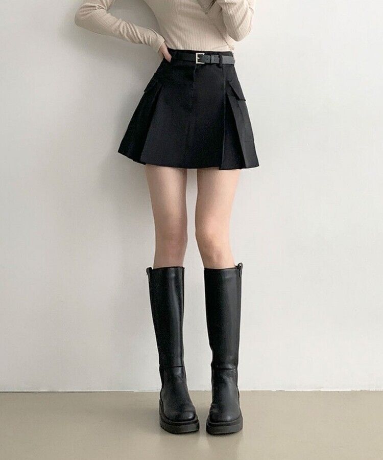 플리 카고 포켓 디테일 벨트 세트 플리츠 핀턱 미니스커트 블랙