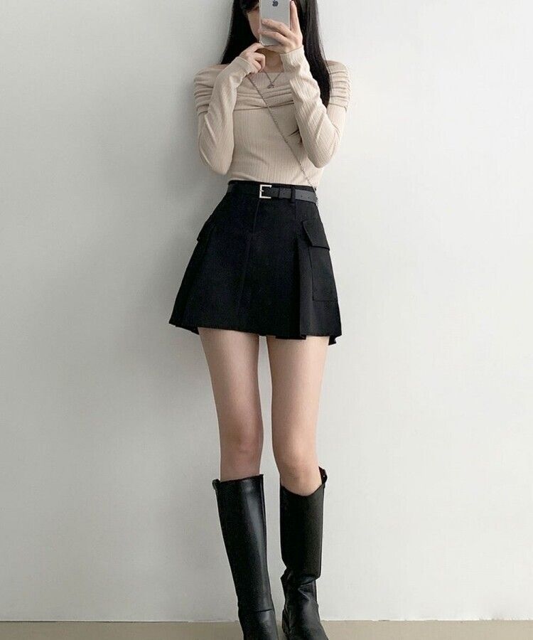 플리 카고 포켓 디테일 벨트 세트 플리츠 핀턱 미니스커트 블랙