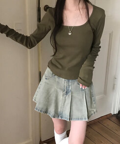 ベーシックリブスクエアスリムTシャツ KHAKI
