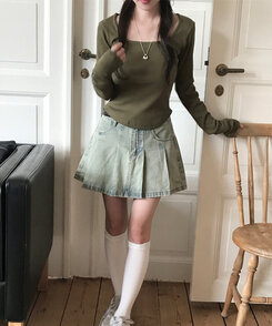 ベーシックリブスクエアスリムTシャツ KHAKI