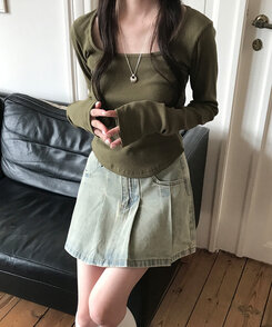 ベーシックリブスクエアスリムTシャツ KHAKI