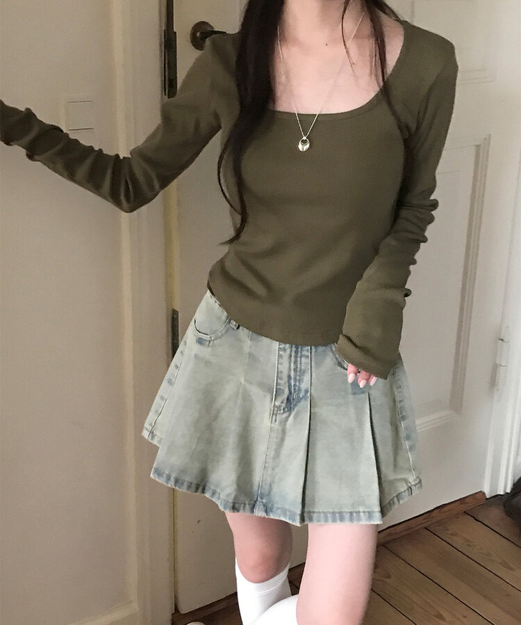 ベーシックリブスクエアスリムTシャツ KHAKI