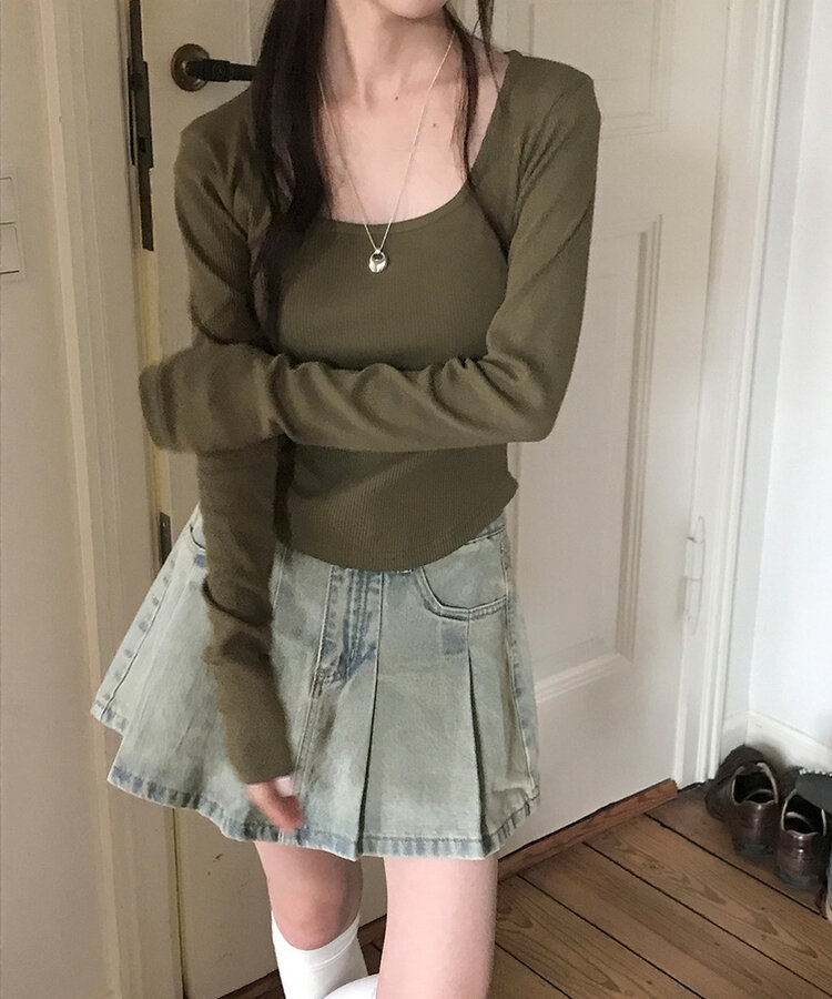 ベーシックリブスクエアスリムTシャツ KHAKI