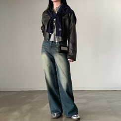 バンディングレザークロップジャケット Gray Brown