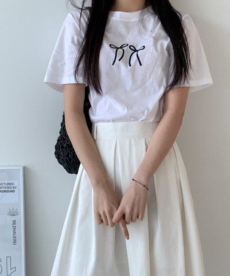 コットンリボン半袖Tシャツ IVORY