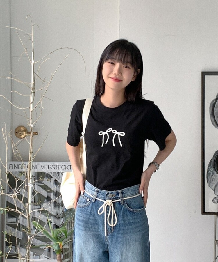 コットンリボン半袖Tシャツ BLACK