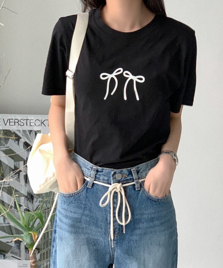 コットンリボン半袖Tシャツ BLACK