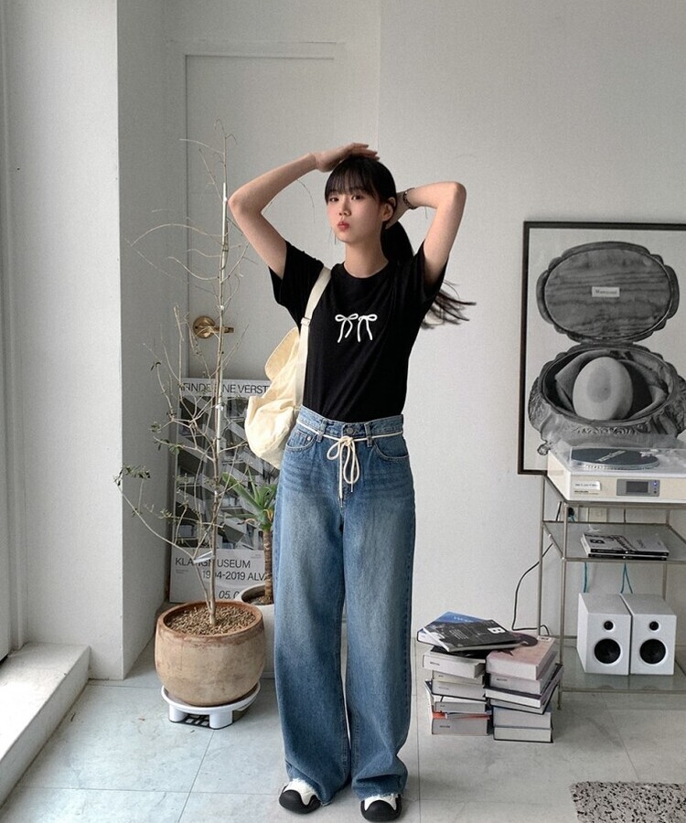 コットンリボン半袖Tシャツ BLACK