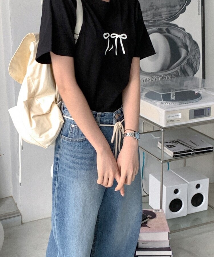 コットンリボン半袖Tシャツ BLACK