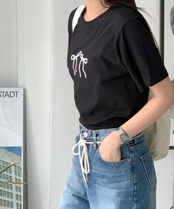 半袖Tシャツ コットンリボン半袖Tシャツ BLACK