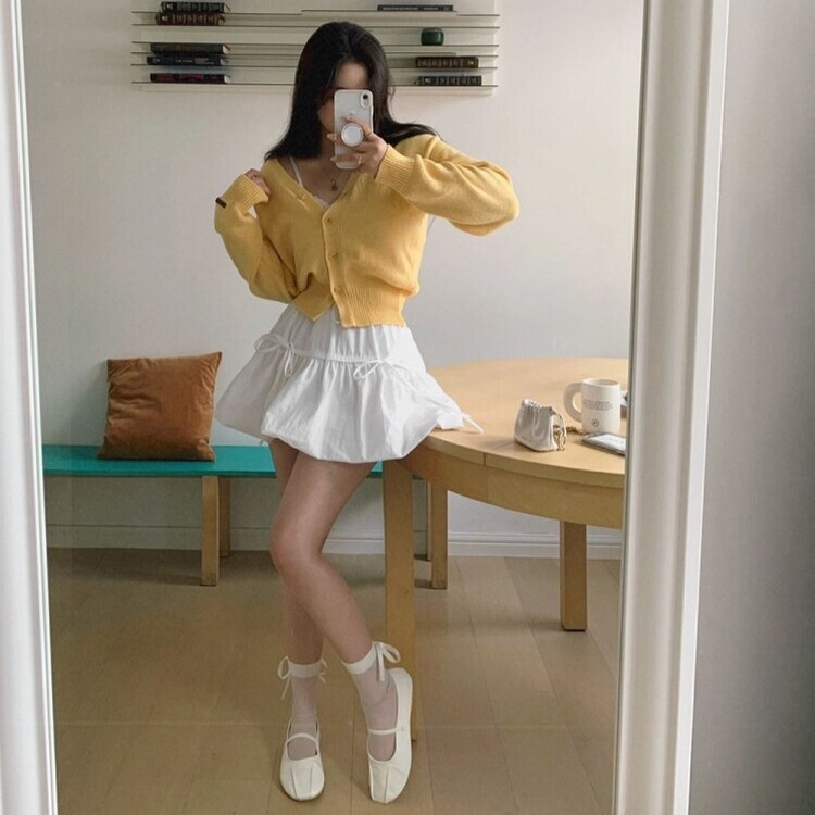 バンディングリボンナイロンバルーンミニスカート IVORY