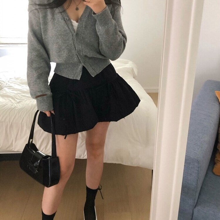 バンディングリボンナイロンバルーンミニスカート BLACK