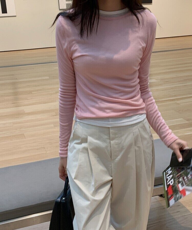 シースルーレイヤー長袖Tシャツ5色 ROSE PINK