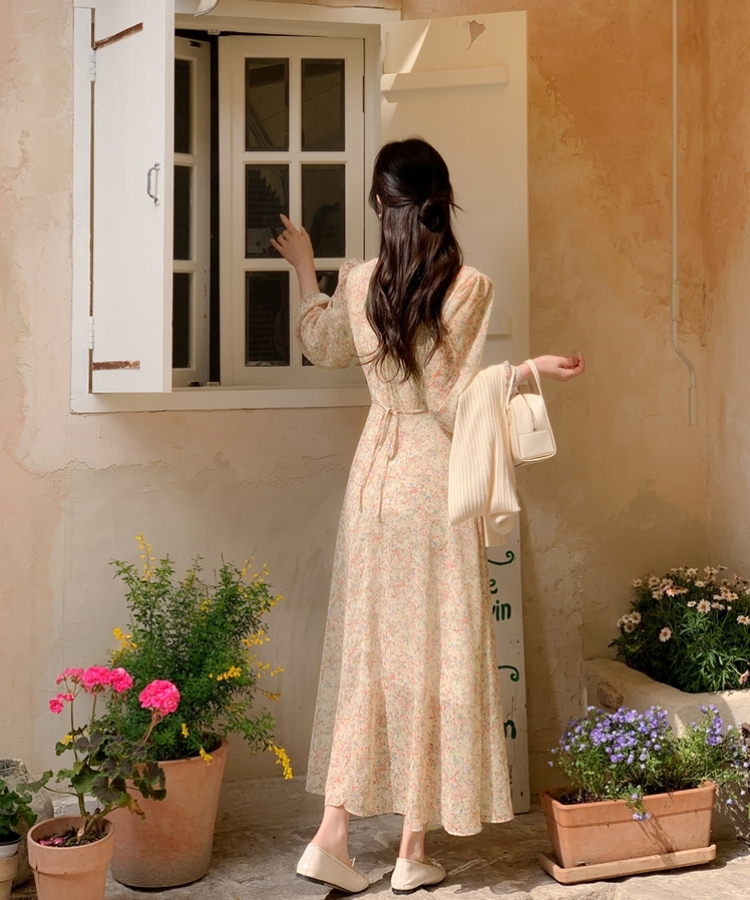 美品✨M'SGRACY 花柄シフォンワンピース リボンベルト付 くすみカラー S 花柄ワンピース シフォン ベルト付き[品番：JSFW0014237]｜JS